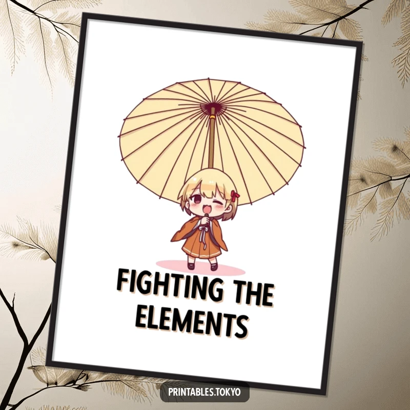 Funny umbrella struggle digital art print, a character comically fighting a giant Japanese umbrella, ready for instant download.