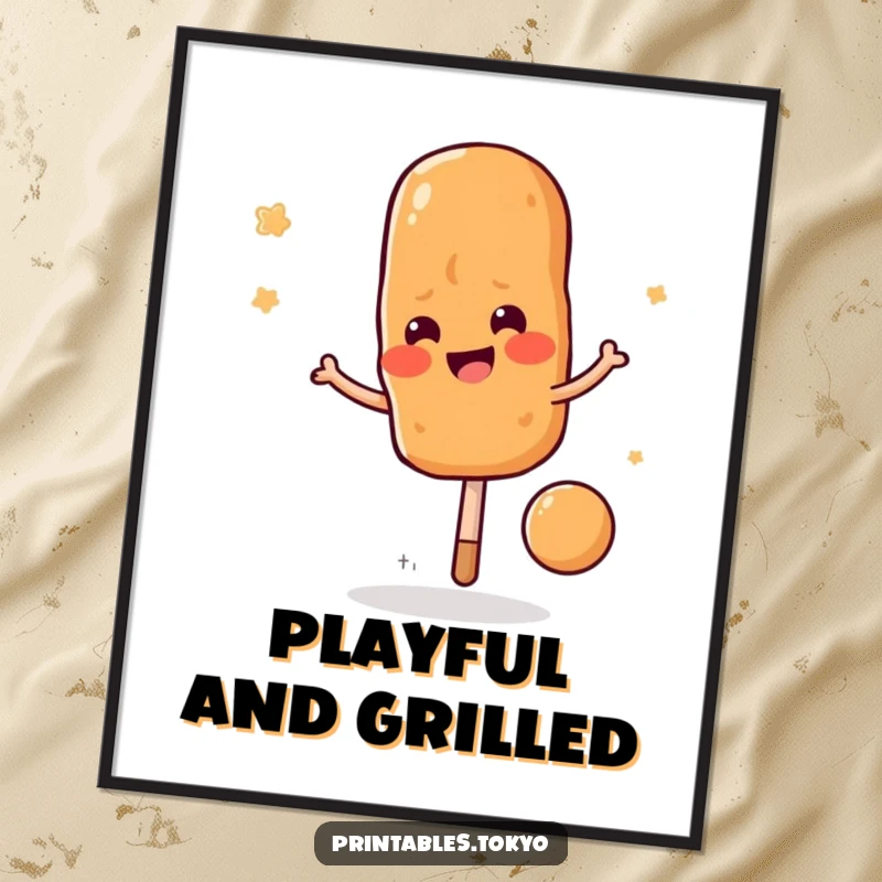 Funny yakitori skewer character bouncing like a ball, depicted in vibrant digital art, a symbol of foodie fun.