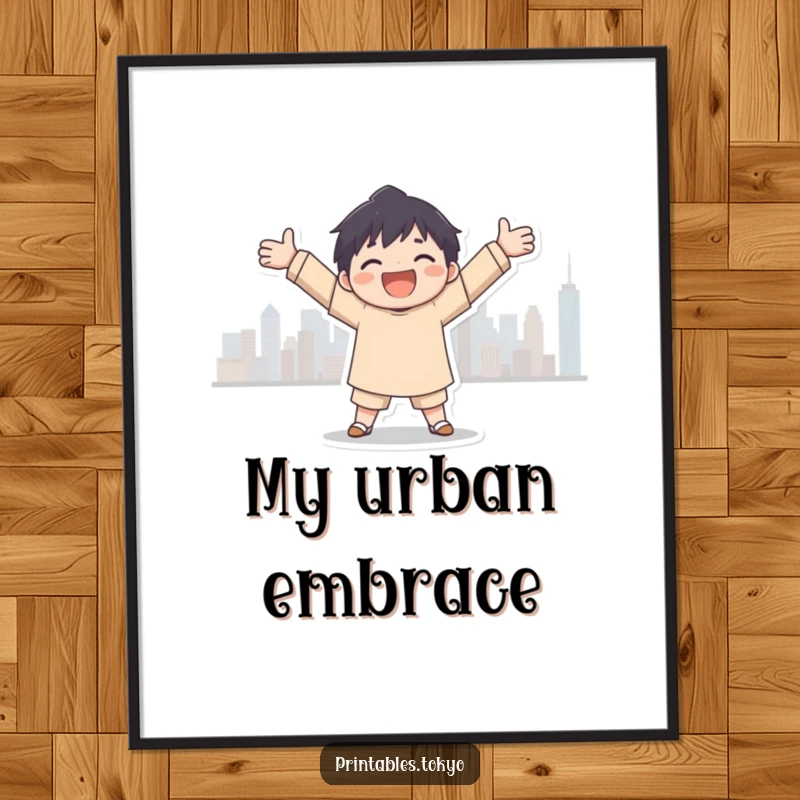 Funny city embrace digital art print, a character joyfully embracing a city skyline silhouette, ready for instant download.