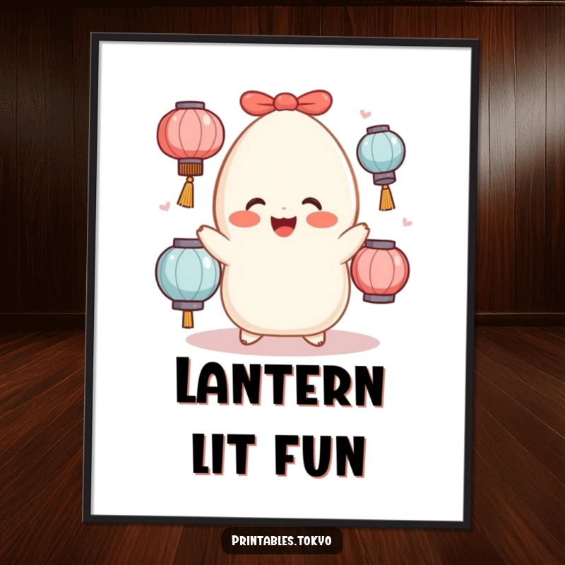 Funny cheerful mochi character with rosy cheeks juggling lanterns, offered as a digital art print.