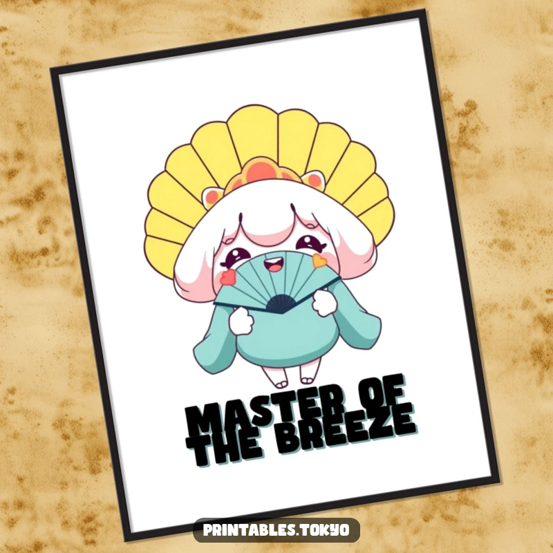 Funny digital art print of a character with a wide smile, holding a gigantic novelty fan, bringing cool humor to any space.