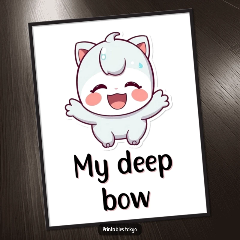Funny digital art print of a character's wide-grinned, cheerful bow, ready to bring instant politeness and humor to any screen.