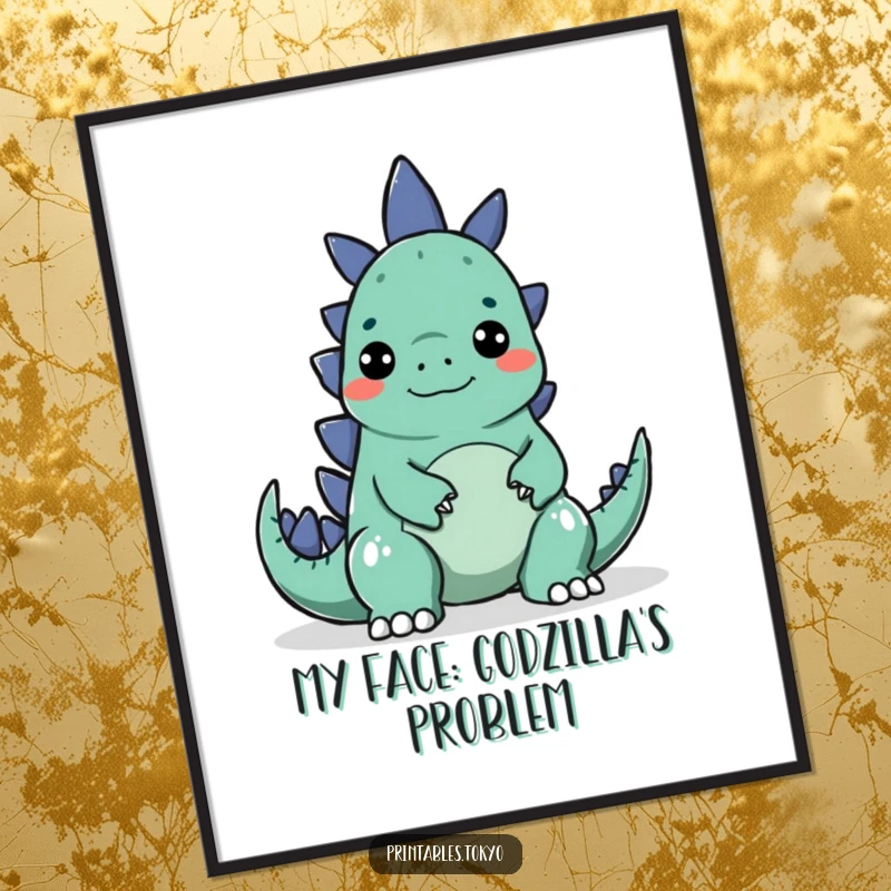 Funny digital art of a character making a silly face to surprise a small, cartoonish Godzilla, vibrant graphic.