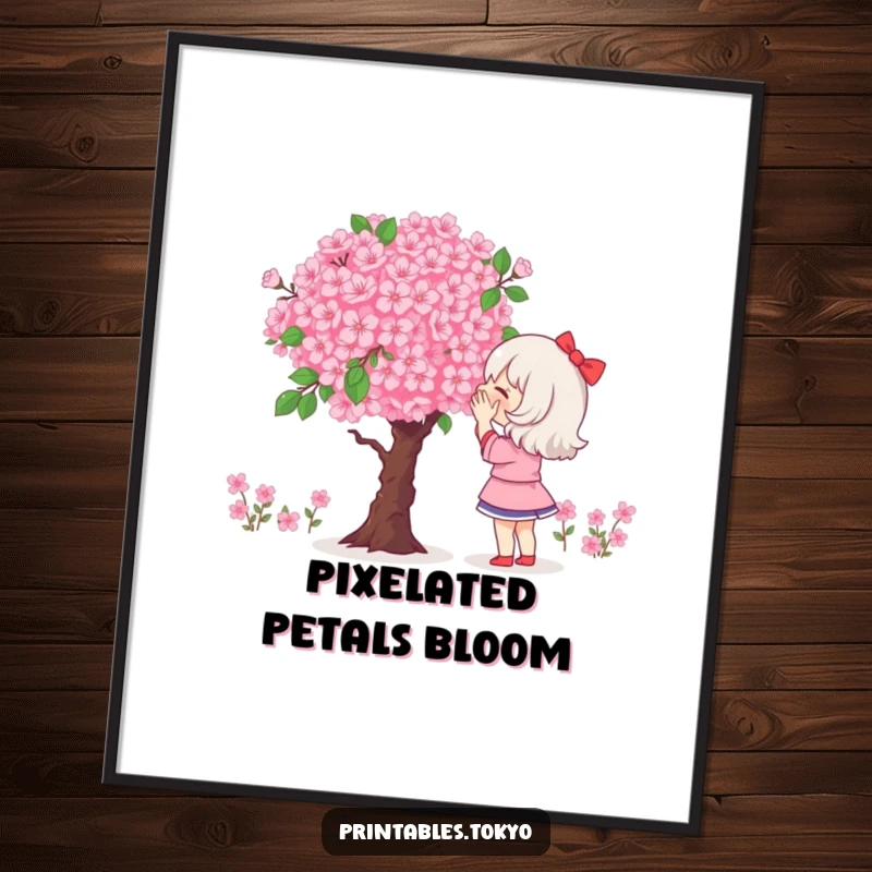 Funny digital art print of a character admiring a giant, pixelated bouquet of cherry blossoms.