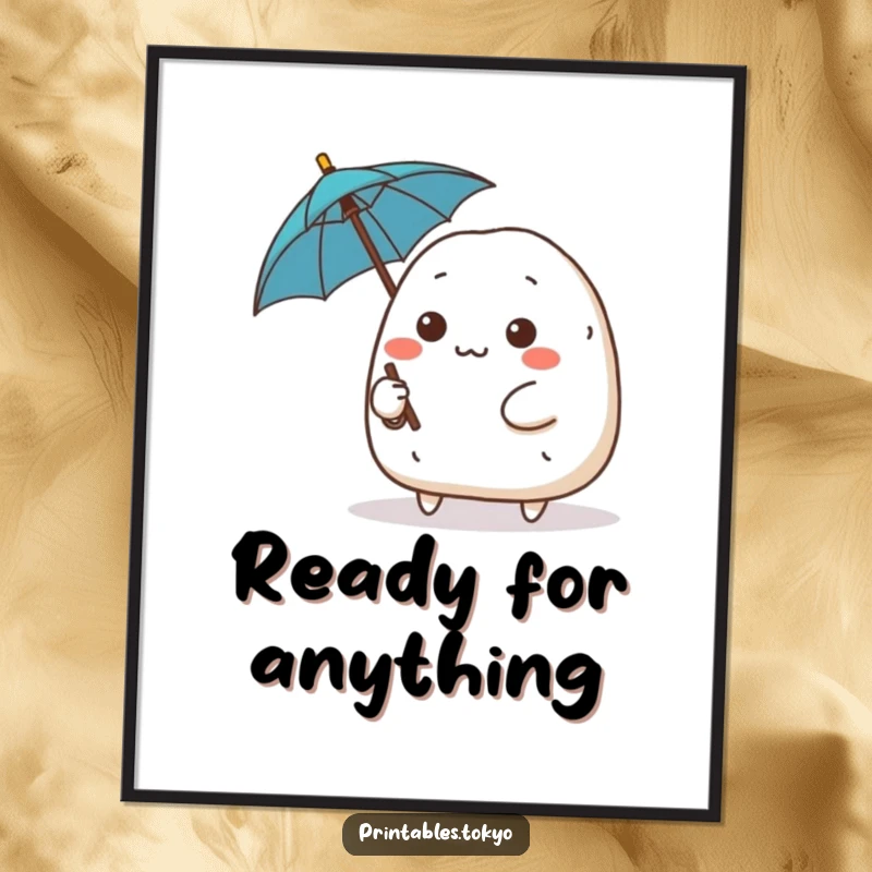 Funny cute onigiri character with a determined expression wielding a tiny umbrella, motivational digital art print, brave and resilient design.