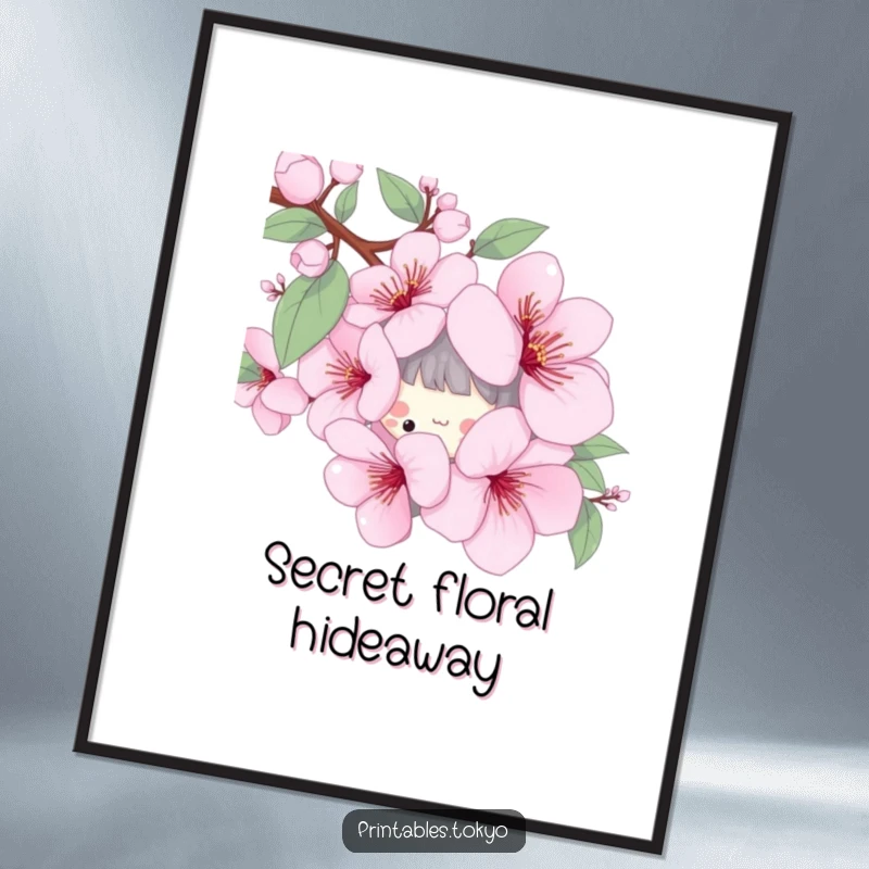 Funny digital art print of a playful character peeking from behind a stylized cherry blossom, bringing spring cheer instantly.
