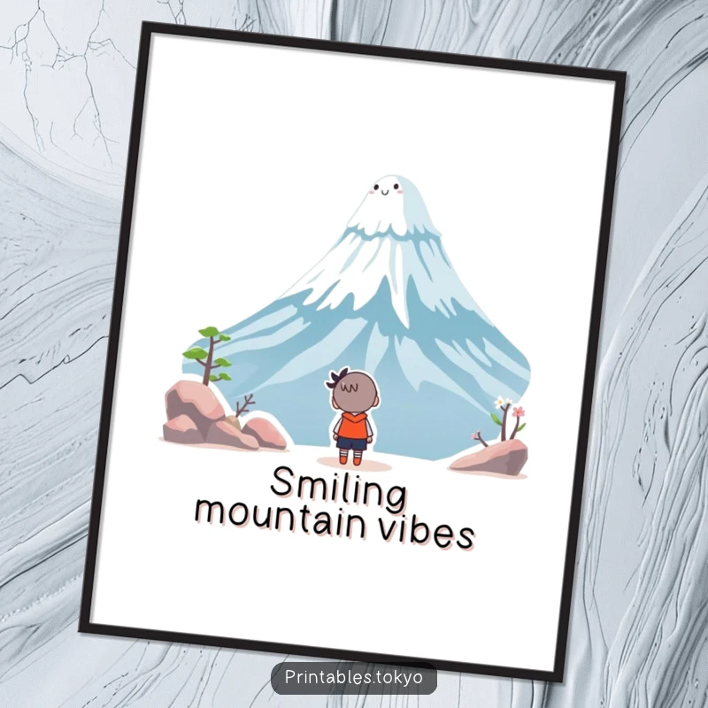Funny digital art print of a character looking up in amazement at a cheerful, smiling Mount Fuji, evoking wonder and joy.