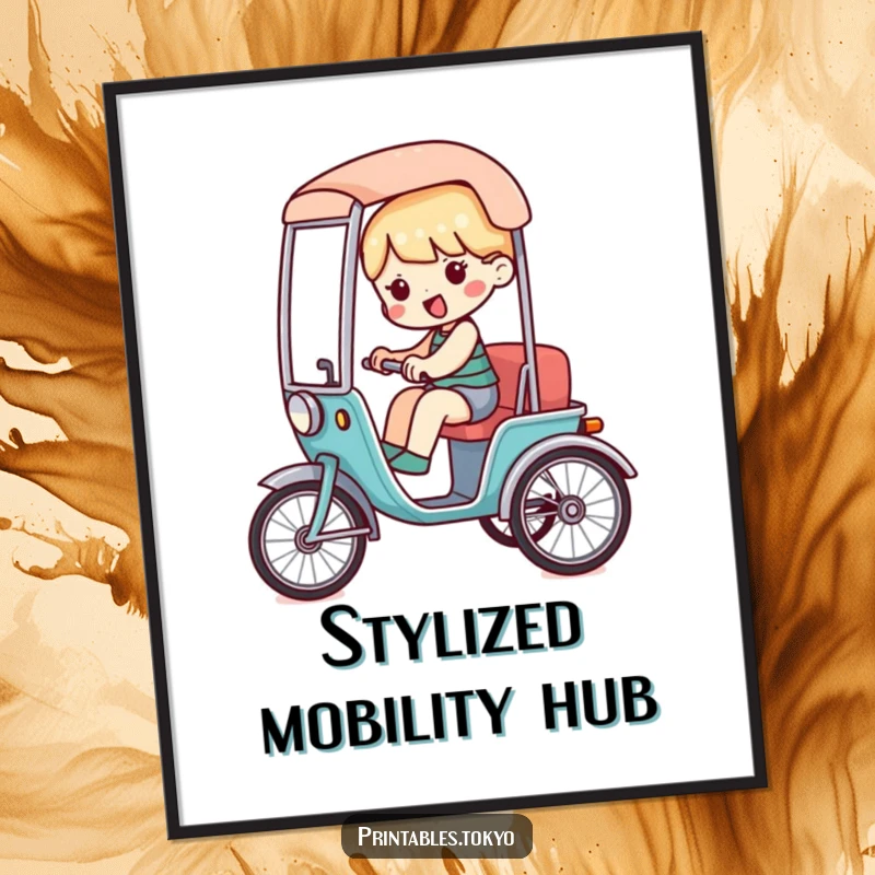 Funny digital art print of a character riding in a miniature, stylized rickshaw, perfect for wall decor.