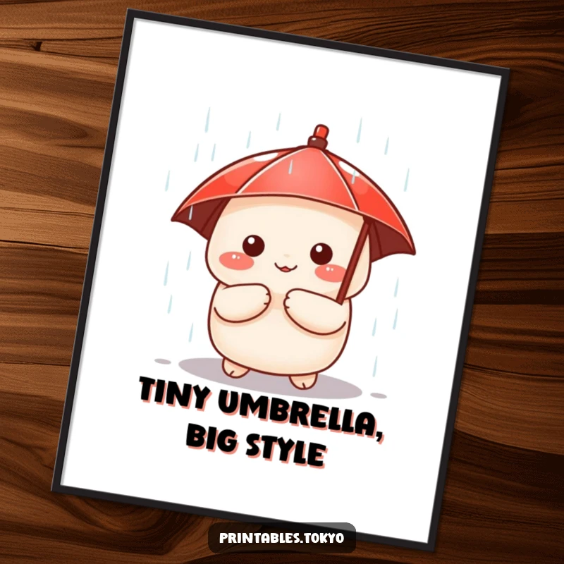 Funny digital art print of a cute dumpling character with a tiny red umbrella, peeking from a downpour, charming and whimsical decor.