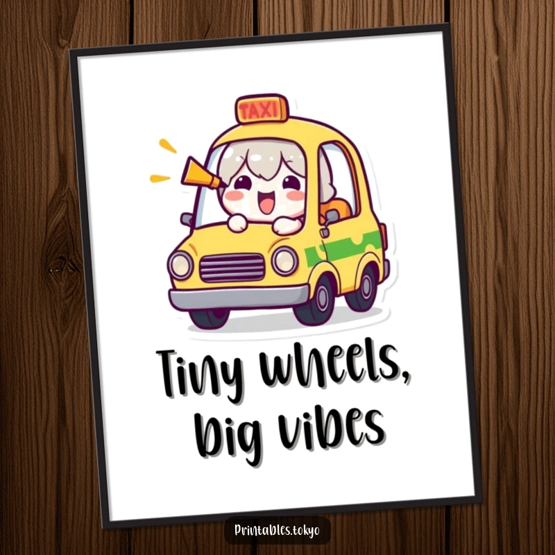 Funny digital illustration of a cheerful character in a tiny taxi, hilariously honking the horn with a joyful demeanor.