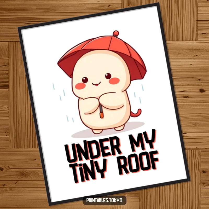 Funny cute dumpling character holding a tiny red umbrella, peeking from a downpour, offered as a digital art print.