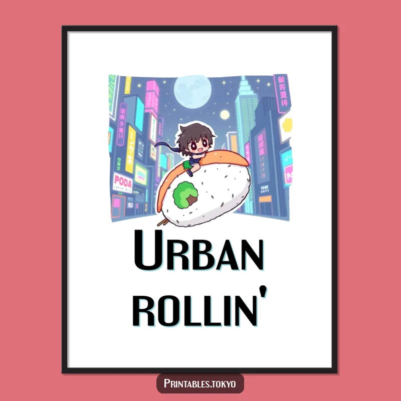 Funny Sushi Rider Digital Art: Neon City Character, Instant Urban Feast