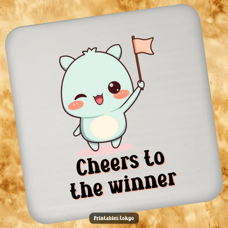 Funny coaster with an excited character waving a small paper flag, protecting surfaces with spirited humor.