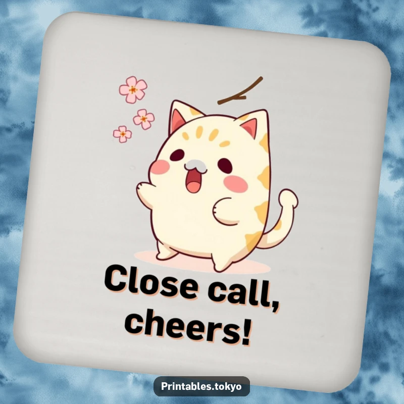 Funny drink coaster with a surprised taiyaki character, wagging tail, narrowly avoiding a falling cherry blossom, adding humor to tables.
