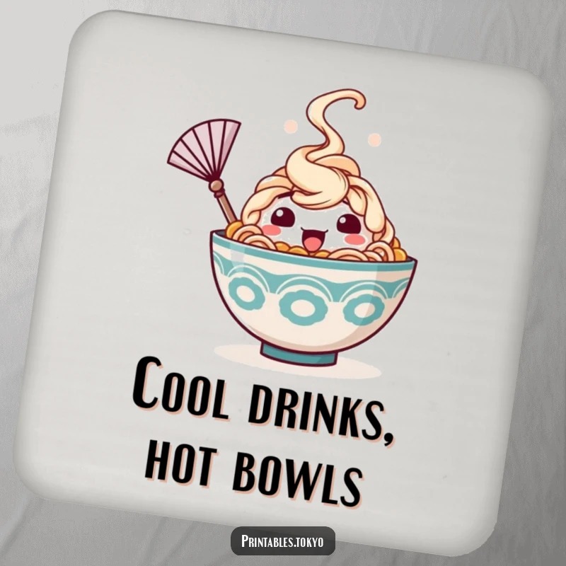 Funny drink coaster with a happy ramen bowl character, steam rising, waving a tiny fan, adding humorous protection to tables.