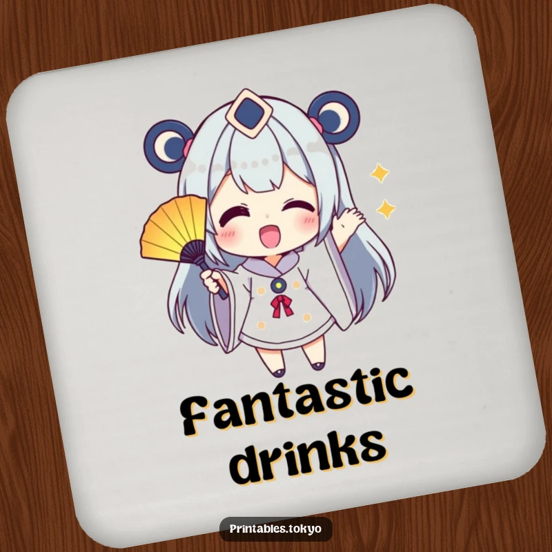 Funny Coaster: A character excitedly waves a small, colorful fan, a vibrant and functional addition to any surface.
