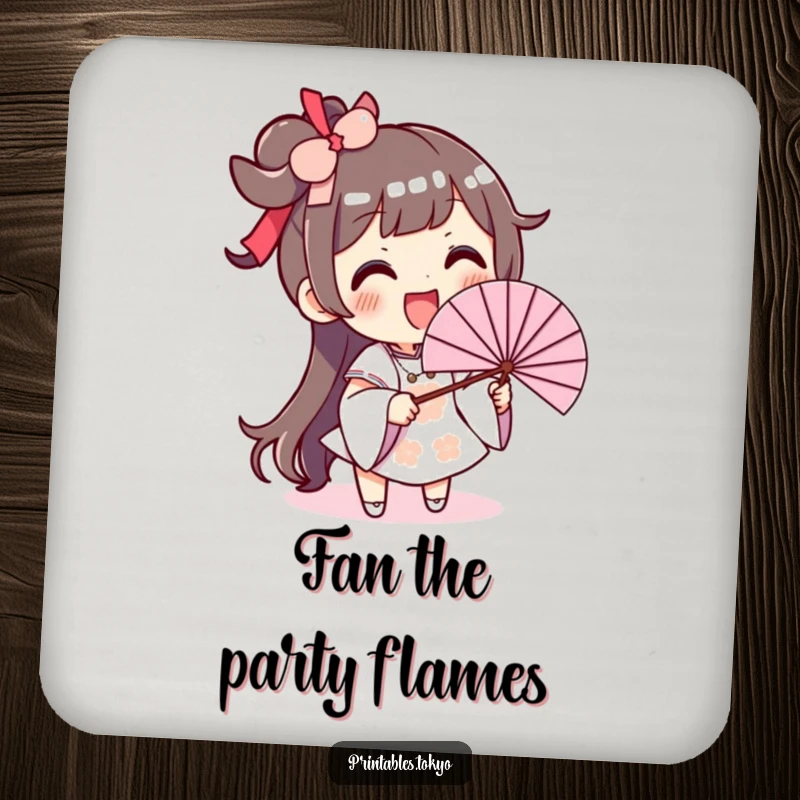 Funny drink coaster showing an excited character with a big smile, waving an oversized fan to provide a refreshing touch.