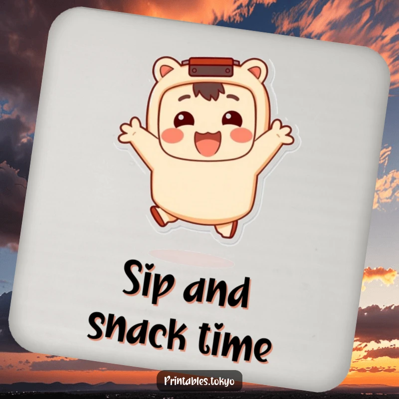 Funny Drink Coaster: A smiling character with a bento box accessory jumps happily, protecting surfaces with food-themed humor, a funny gift.