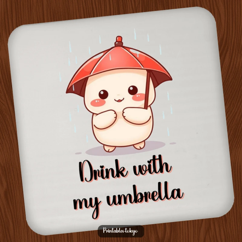 Funny drink coaster with a cute dumpling character holding a tiny red umbrella, peeking from the rain, adding charm to tables.