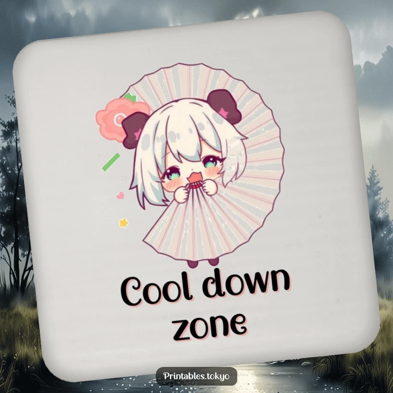Funny coaster featuring a character playfully hiding behind a large fan, offering a whimsical and humorous way to protect surfaces.