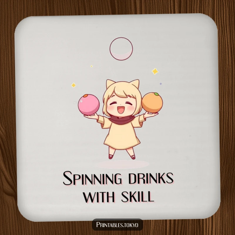 Funny coaster depicting a character juggling colorful mochi balls, adding playful charm and surface protection.