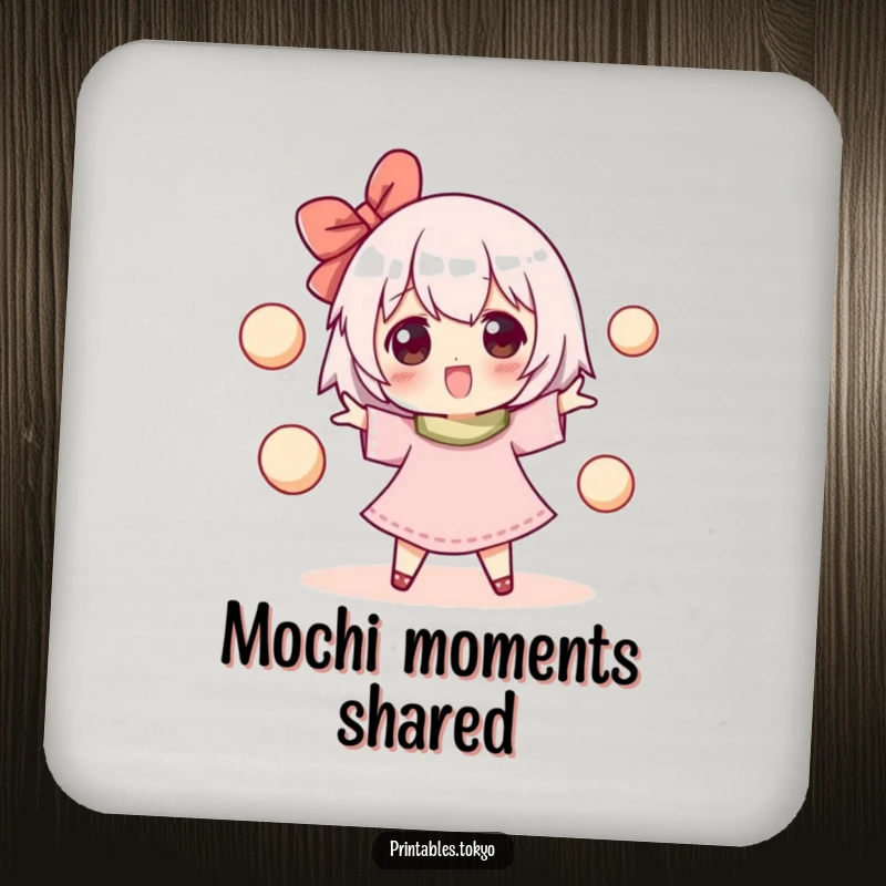 Funny drink coasters featuring a joyful character happily juggling small, round mochi balls, adding sweetness and surface protection.