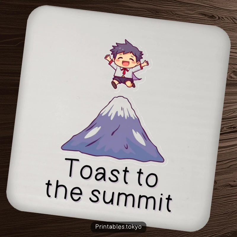 Funny Coaster: A character joyfully leaps over Mount Fuji, adding a humorous and inspiring touch to protect your surfaces.