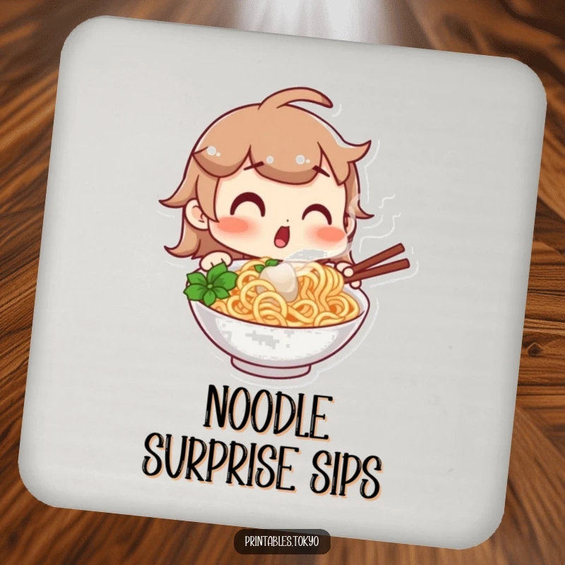 Funny drink coasters featuring a character with a surprised expression looking at a steaming bowl of noodles, protecting surfaces with foodie humor, a brilliant funny gift.