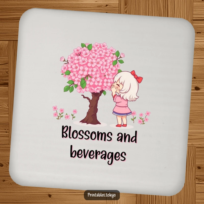 Funny drink coaster depicting a character admiring a giant, pixelated bouquet of cherry blossoms.