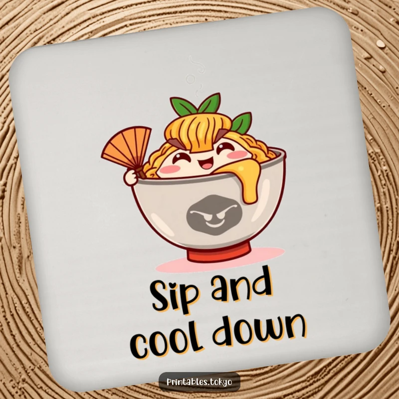 Funny ramen bowl character with steam rising and a tiny fan, designed as a protective and humorous drink coaster.