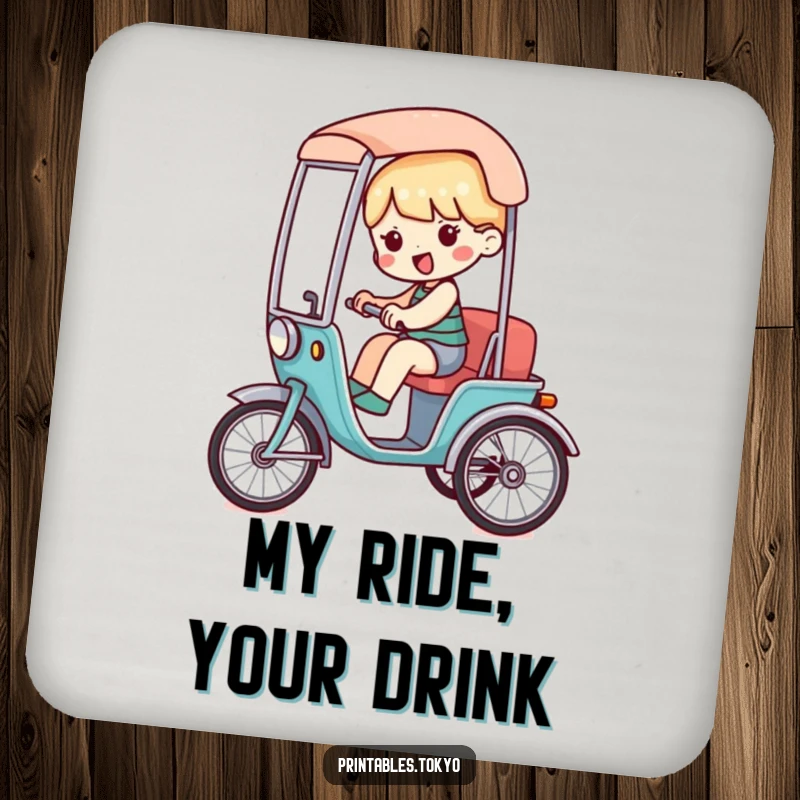 Funny coaster depicting a character riding in a miniature, stylized rickshaw, adding playful charm and surface protection.