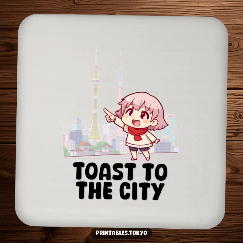 Funny coaster featuring an excited character pointing at a bright Tokyo skyline, offering a stylish and humorous way to protect surfaces.