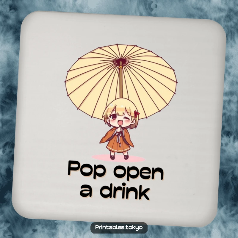 Funny umbrella struggle coaster, a character comically battling a large Japanese umbrella, protecting tables with humorous charm.