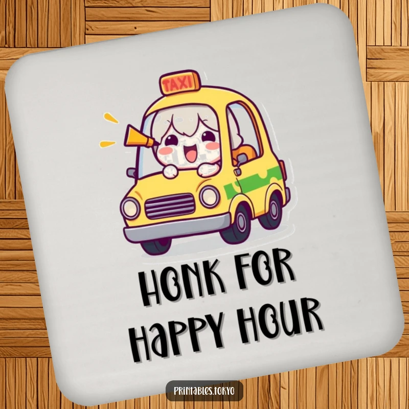 Funny drink coaster showing a cheerful character in a miniature taxi, humorously honking the horn for a comical touch.