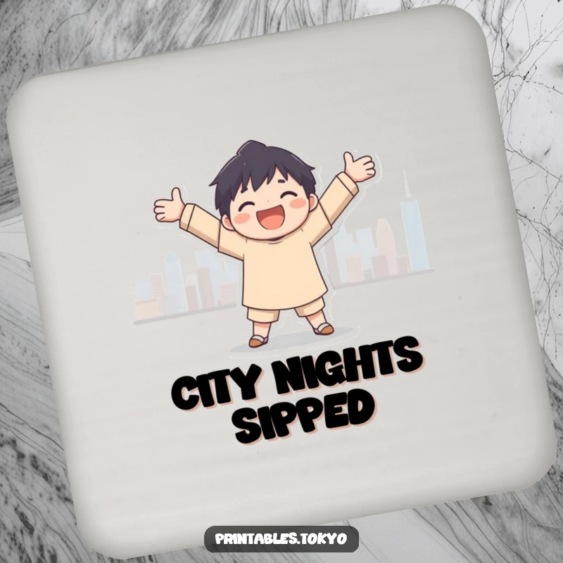 Funny city embrace coaster, a character joyfully embracing a city skyline silhouette, protecting surfaces with urban charm.