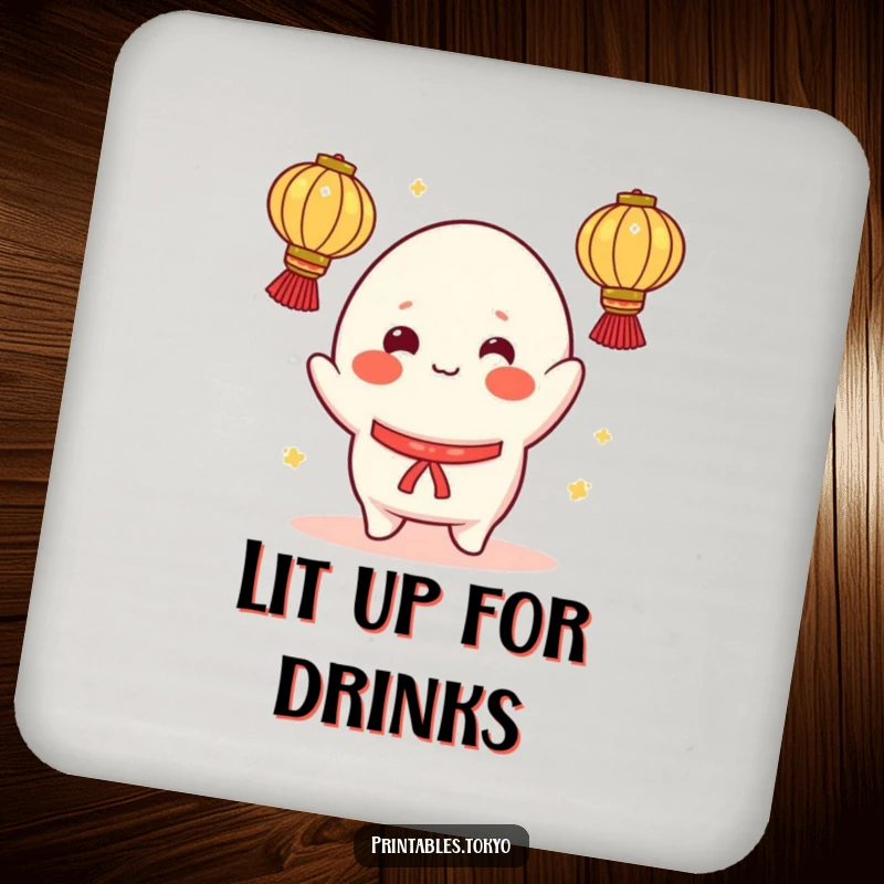 Funny drink coaster featuring a cheerful mochi character, rosy cheeks, juggling illuminated lanterns, adding playful decor to tables.