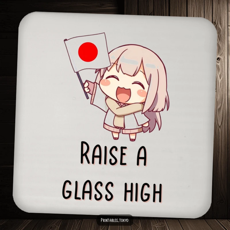 Funny drink coasters featuring a lively character enthusiastically waving a small Japanese flag, adding cheer and surface protection.