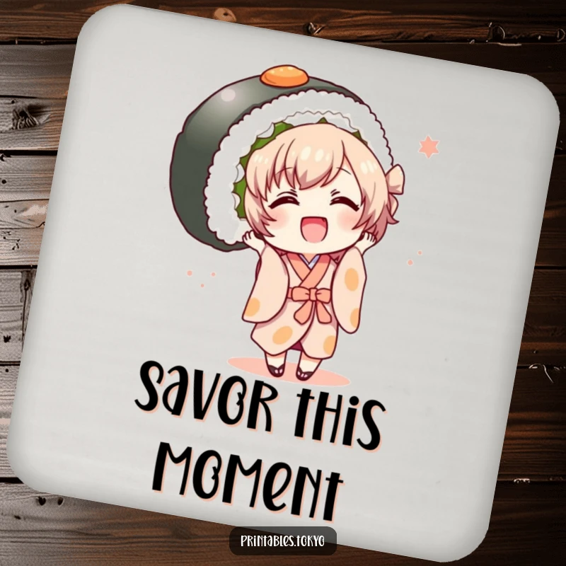 Funny character in a kimono joyfully holding a giant sushi roll, a humorous and protective drink coaster.