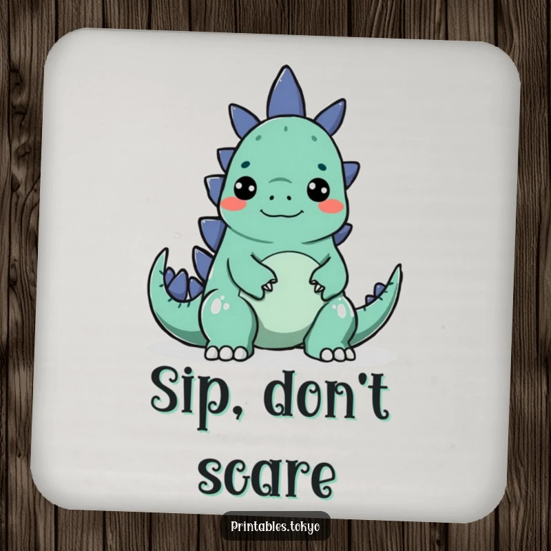 Funny drink coaster showing a character making a silly face to surprise a small Godzilla, protects surfaces humorously.