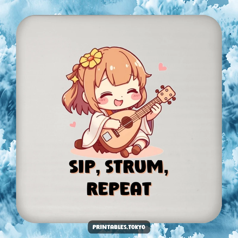 Funny shamisen player coaster, a character happily playing a miniature shamisen, protecting surfaces with musical humor and style.