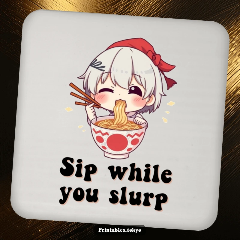 Funny drink coaster depicting a character excitedly eating ramen with chopsticks held high.