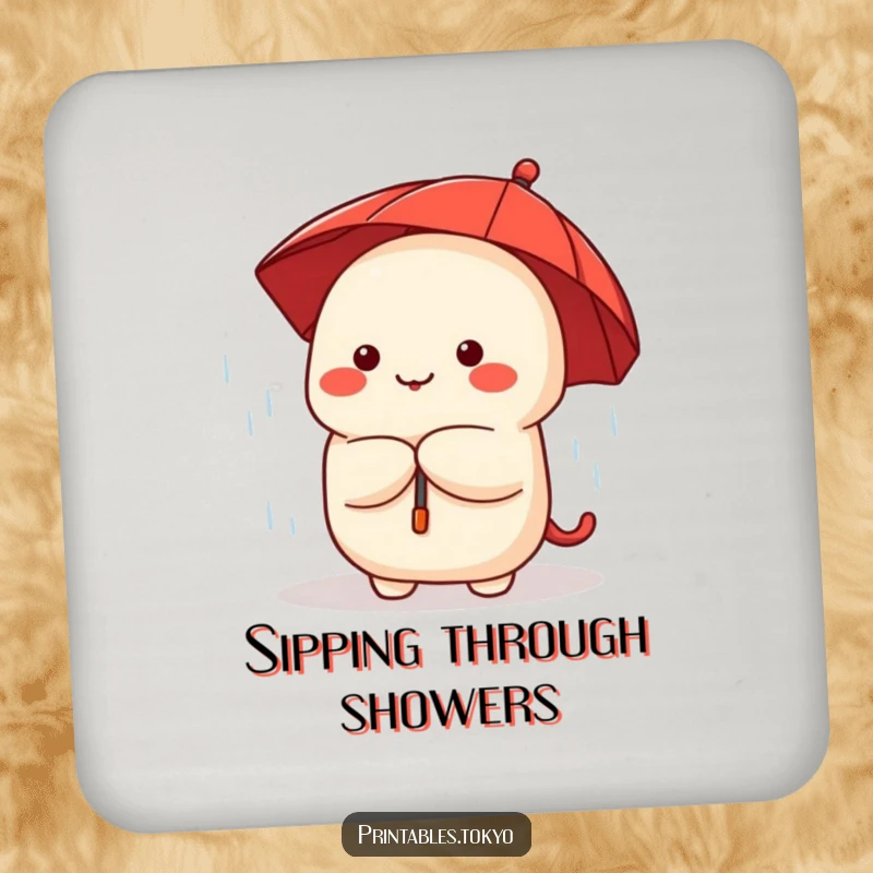 Funny dumpling character with a red umbrella, peeking from rain, designed as a cute and protective drink coaster.