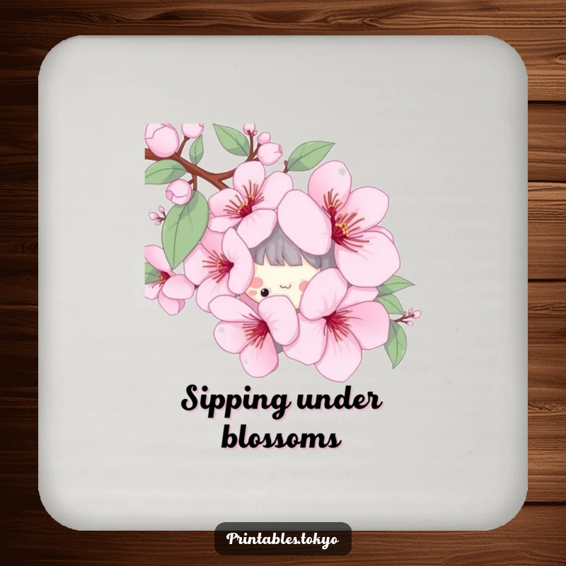 Funny coaster with a playful character peeking from behind a stylized cherry blossom, protecting surfaces with spring charm.