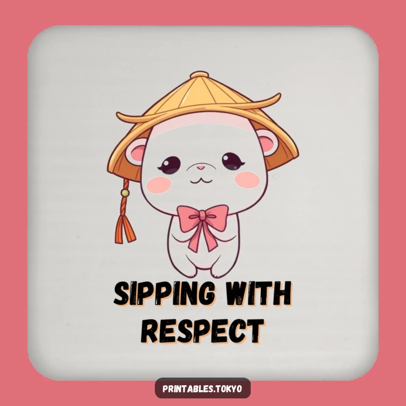 Funny Shy Creature Japanese Hat Drink Coaster - Protect Surfaces with Polite Charm