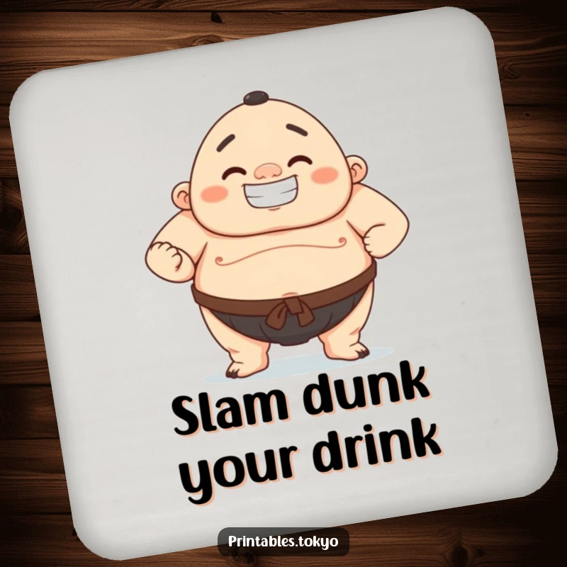 Funny drink coaster depicting a character in a sumo wrestling stance with a proud, wide grin.