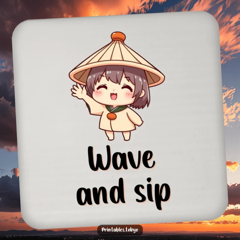 Funny coaster set featuring a cute character in a traditional Japanese hat, enthusiastically waving, offering protection with a friendly flair.