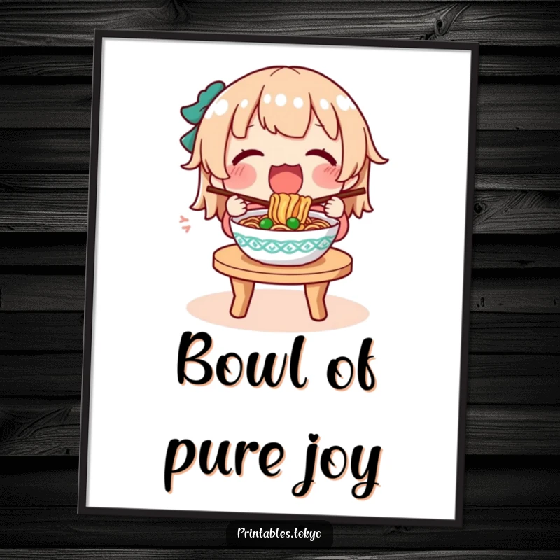 Funny poster art of a character joyfully slurping noodles from a steaming bowl at a small, cozy table.