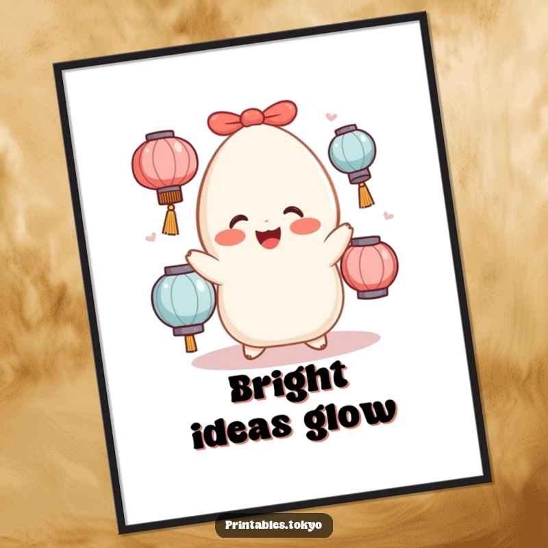 Funny rosy-cheeked mochi character juggling multiple lanterns, depicted as a vibrant and joyful wall poster.