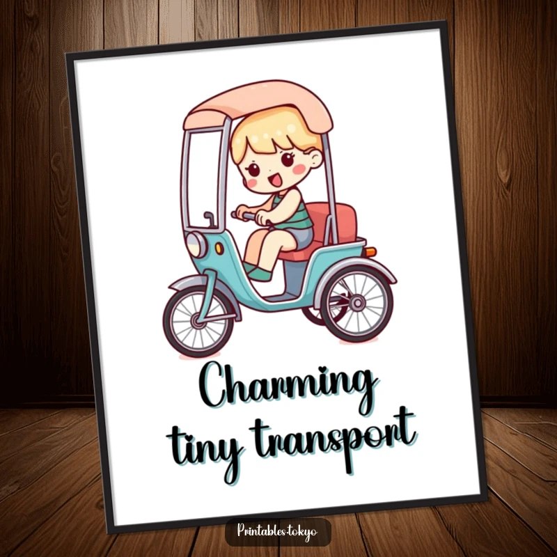 Funny poster displaying a character riding in a miniature, stylized rickshaw, creating a charming scene.