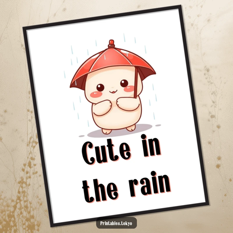 Funny poster art of a cute dumpling character with a tiny red umbrella, peeking out from a downpour, delightful wall decor.